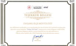 Tavşanlı'da AFAD'dan ilçe müftülüğüne teşekkür belgesi