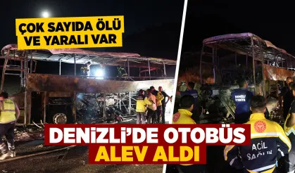 Denizli'de yolcu otobüsü bariyere çarptı, alev aldı
