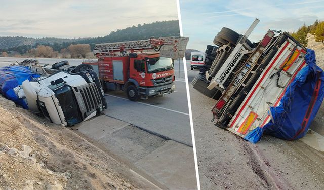 Kütahya’da tır devrildi, sürücü yaralandı