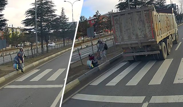 Kütahya'da kadın ve çocuk yaya geçidinde az kalsın eziliyordu