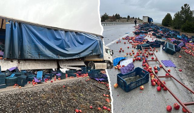 Kütahya'da tır savrulunca elmalar yola döküldü