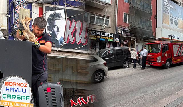 Kütahya'da çatı oluğuna sıkışan kedi kurtarıldı