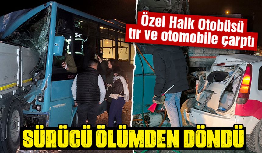 Kütahya'da özel halk otobüsü tır ve otomobile çarptı