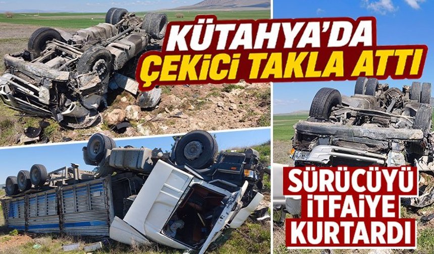 Kütahya’da tır yoldan çıktı, ters döndü