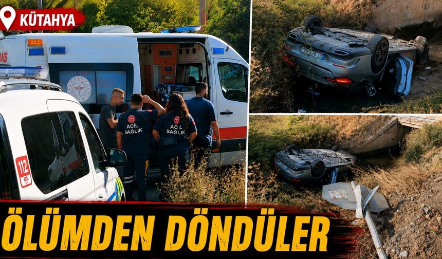 Kütahya’da otomobil sulama kanalına devrildi, ölümden döndüler
