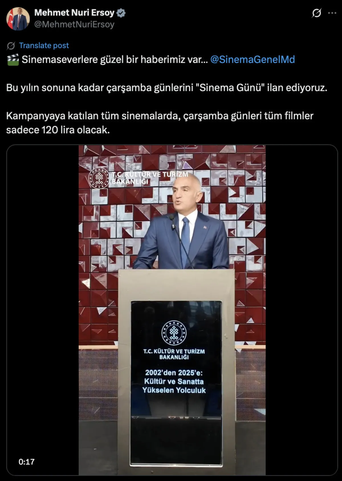 Bakanlık Açıkladı Çarşamba Günleri Sinema Biletleri 120 Tl2