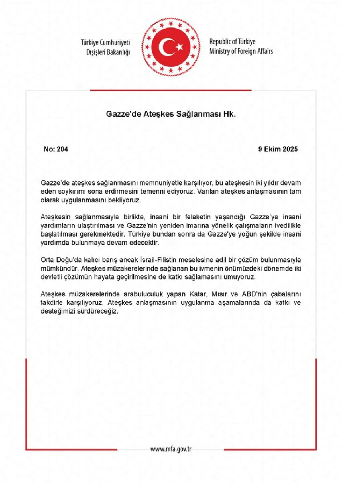 Dışişleri Bakanlığı Gazze’deki Ateşkesi Memnuniyetle Karşılıyoruz1