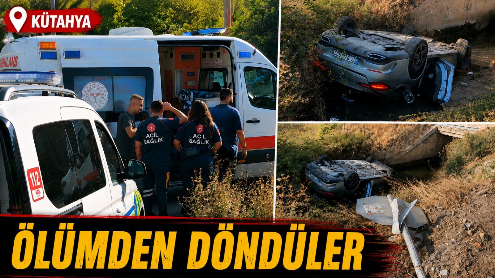 Kütahya’da otomobil sulama kanalına devrildi, ölümden döndüler