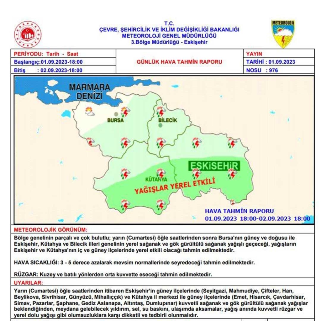 Meteorolojiden Kütahya için sarı kodlu uyarı