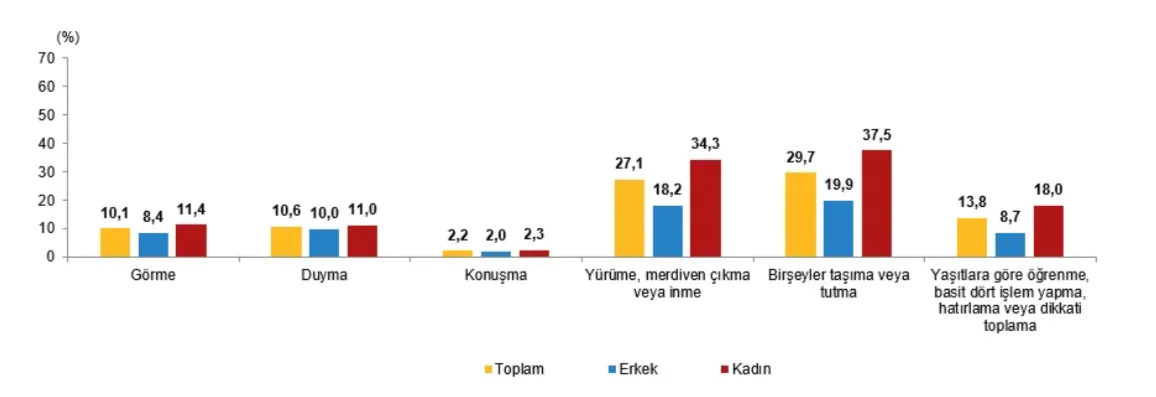 Cinsiyet ve işlev alanına göre işlevsel zorluk yaşayan 65+ yaştaki kişilerin oranı, 2023