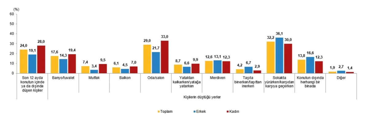 Cinsiyete göre son 12 ay içinde düşen 65+ yaştaki kişilerin oranı ve düştüğü yerler, 2023