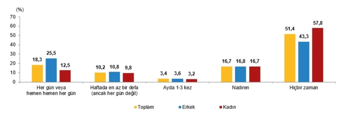 Cinsiyete ve sıklığa göre 65+ yaştaki kişilerin fiziksel aktivite, egzersiz veya spor yapma oranı, 2023