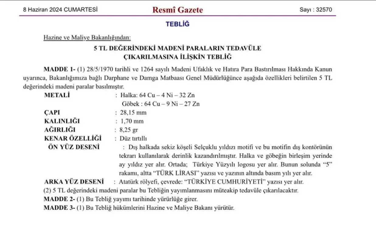 5 TL madeni paralar yolda