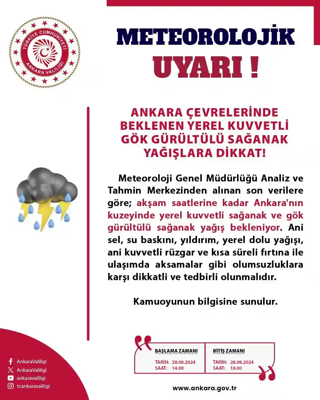 Ankara'da şiddetli yağış uyarısı yapıldı