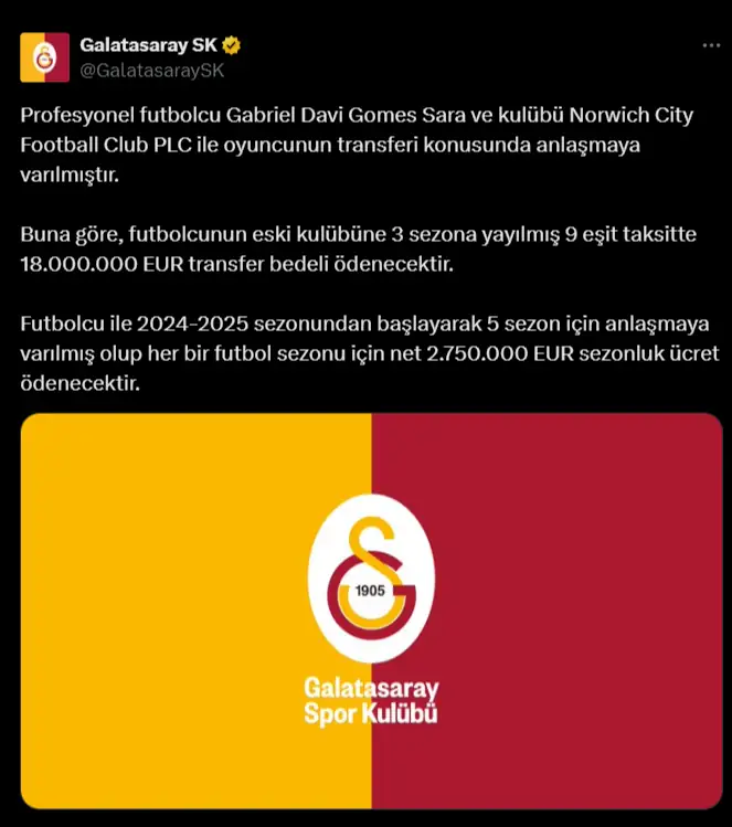 Galatasaray Gabriel Sara'yı açıkladı